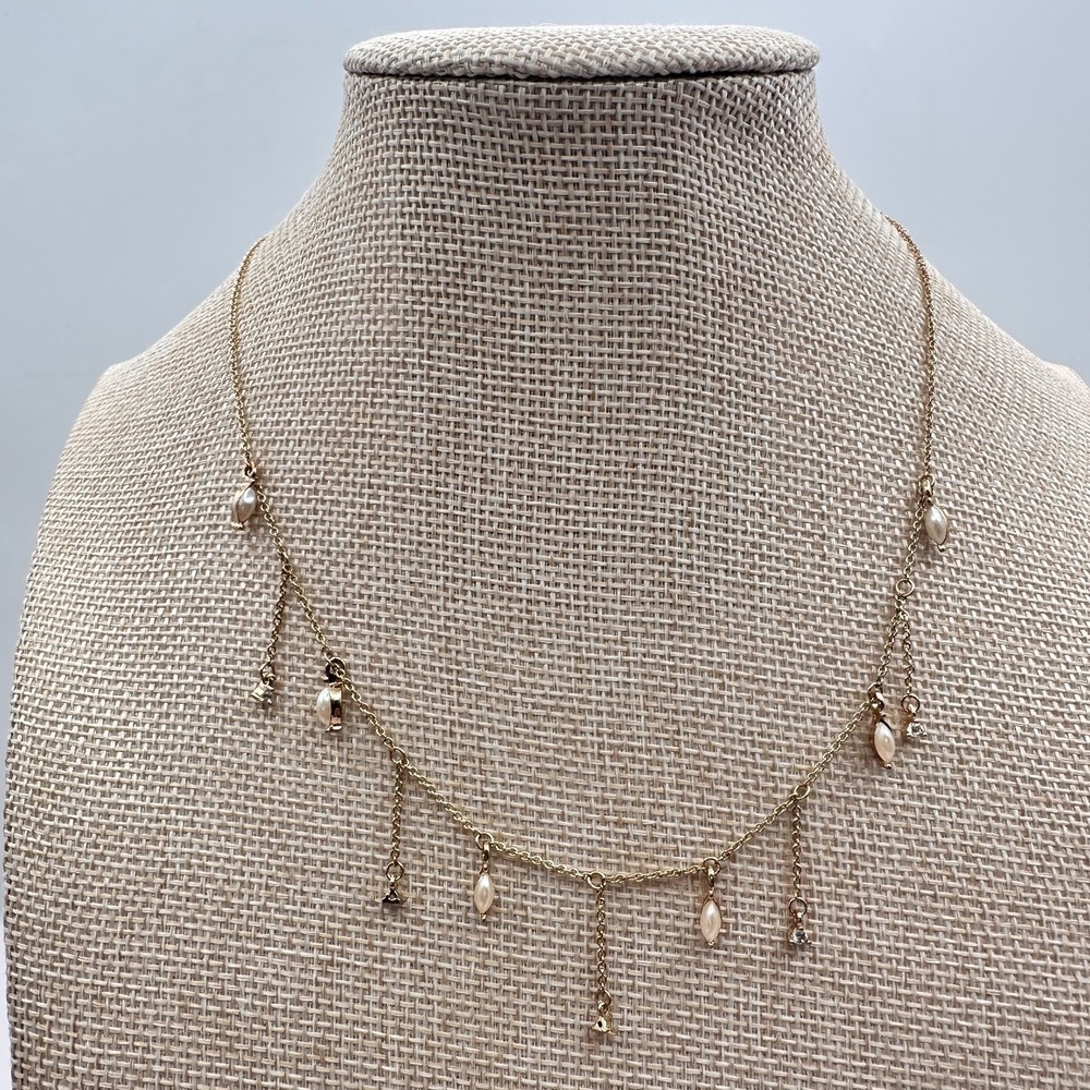 Vintage 90s Faux Pearl Glass Dangle Charm Gold Tone Necklace Minimalist